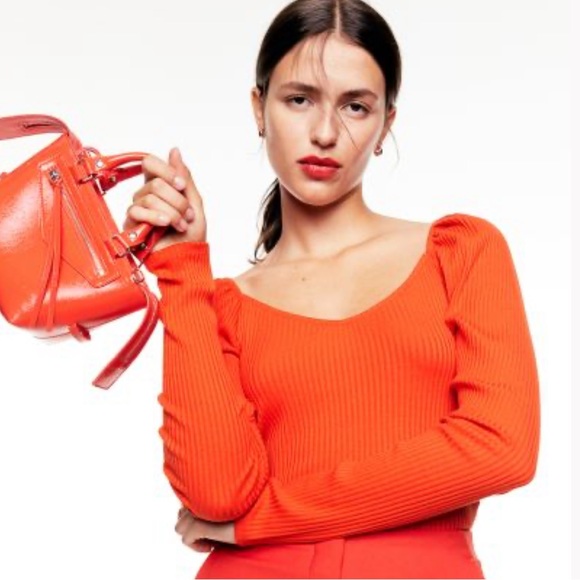 H&M Ribbed Puff Sleeve Top in Bright Orange - Picture 3 of 7